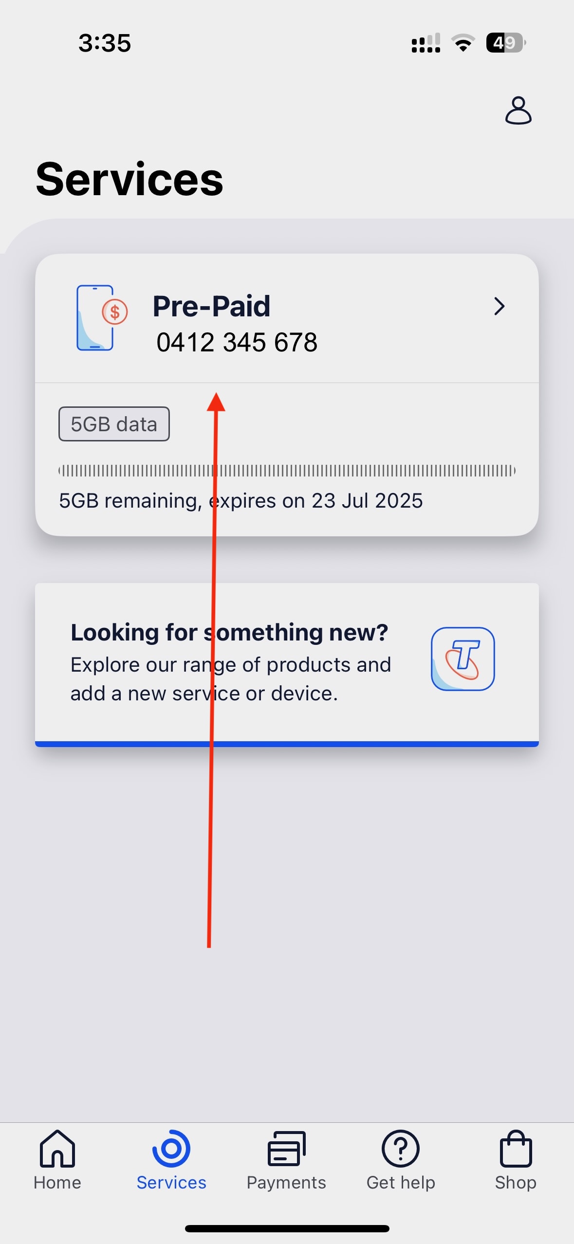 Select phone number service in My Telstra app