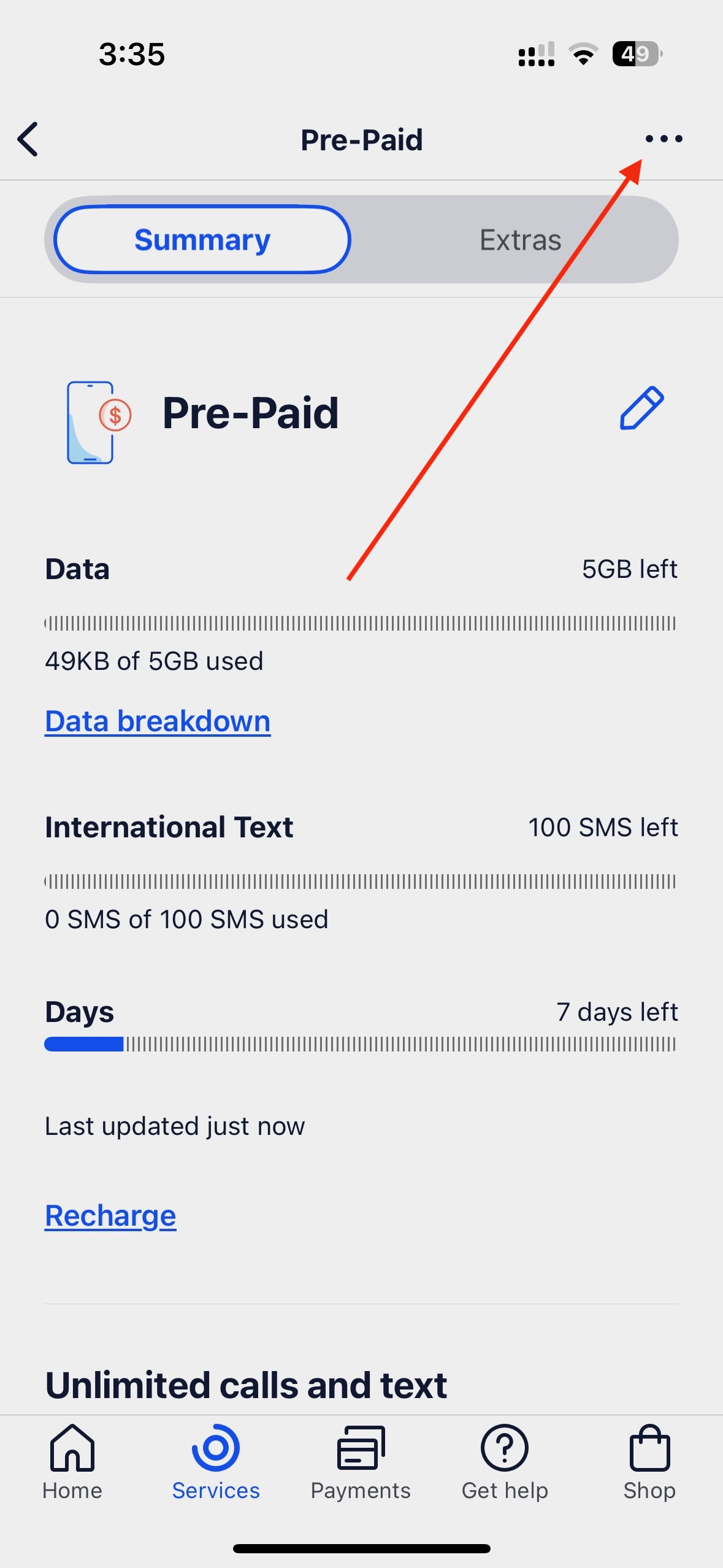 Click menu three dots in Telstra app
