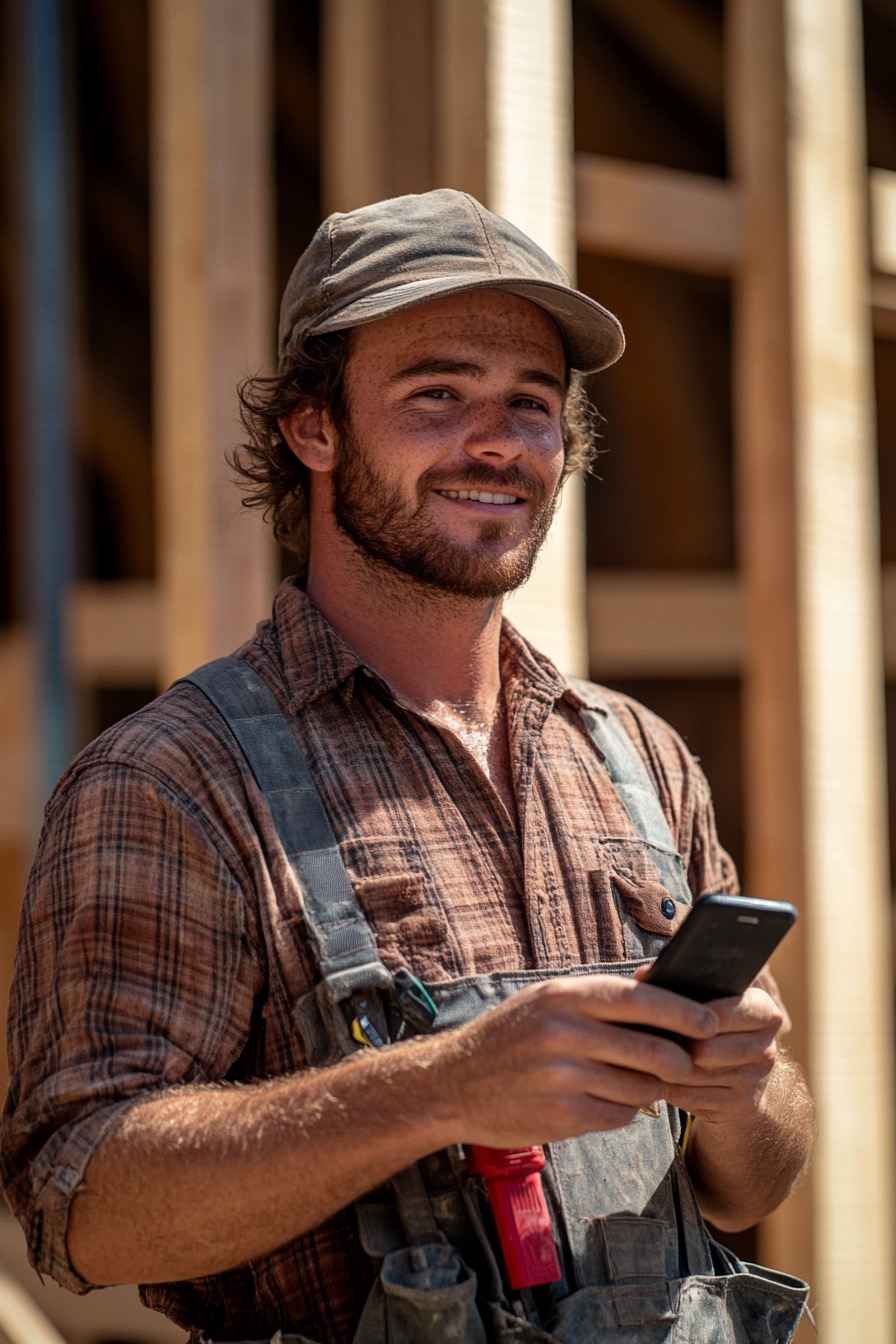 Professional carpenter working on custom kitchen cabinets while using modern phone answering technology to capture business leads