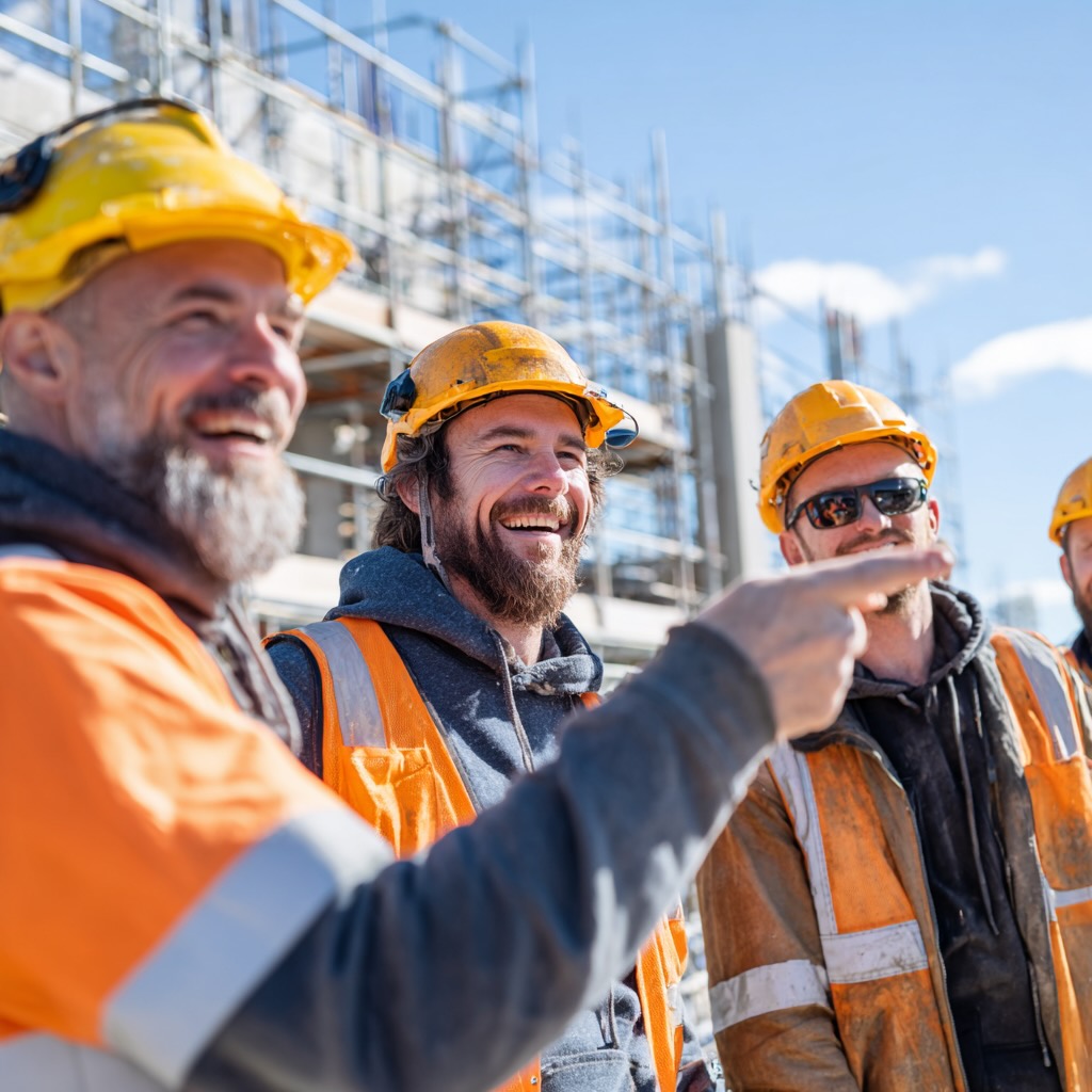 Australian tradies on a job site cracking jokes