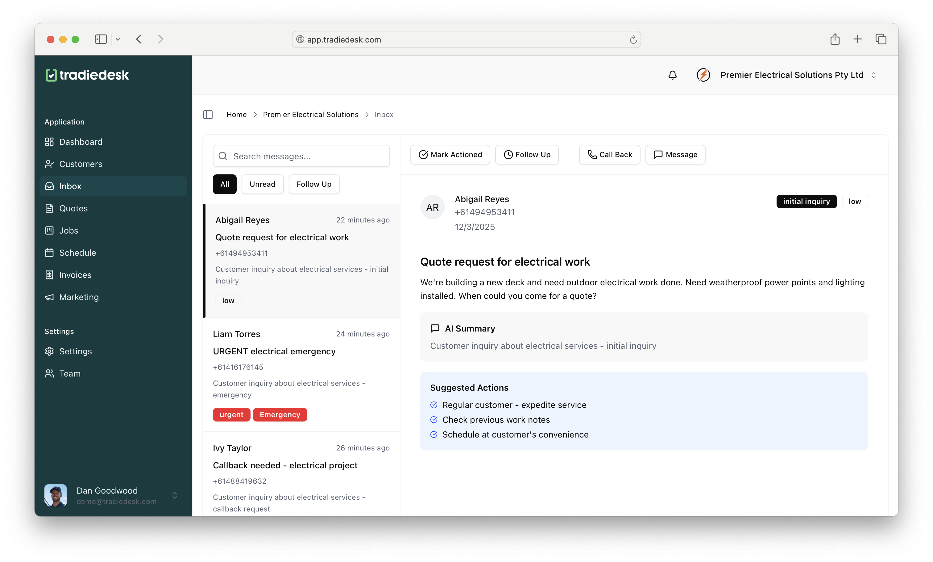 TradieDesk App Dashboard showing call management and lead tracking